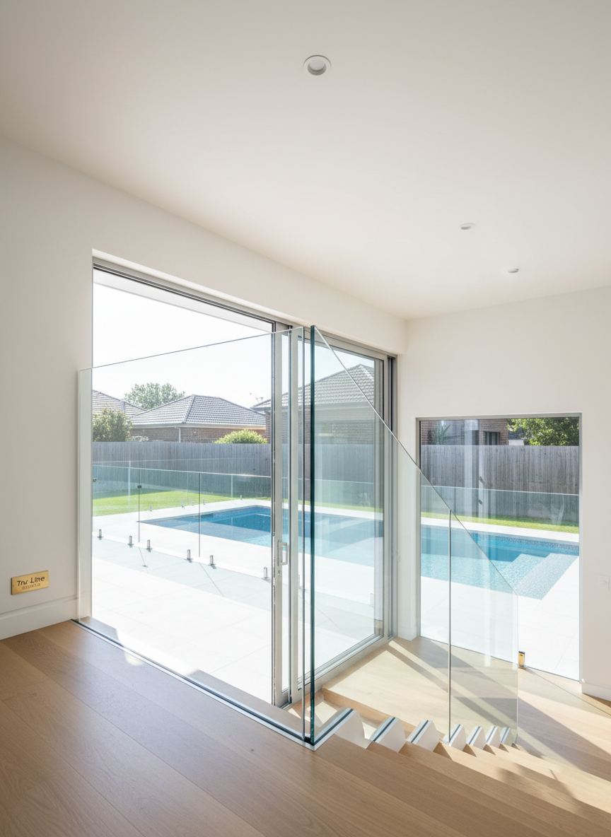 A crisp, architectural photographic realism shot of a cantilevered staircase with a fully frameless glass balustrade installed inside a modern Melbourne home, visually linking to an adjacent outdoor pool through large sliding glass doors. The balustrade consists of thick, low-iron glass panels emerging from a slim, recessed aluminium floor channel, creating a floating, minimalist effect. Natural midday light floods the interior, bouncing off white walls and pale oak stair treads, producing clean lines and soft shadows. Captured at eye level with a wide-angle lens, the composition leads the viewer’s eye from the staircase balustrade toward the sunlit pool and its surrounding glass fence outside. The mood is sophisticated and cohesive, underscoring Tru-Line Installs’ expertise in both pool fencing and interior balustrades.