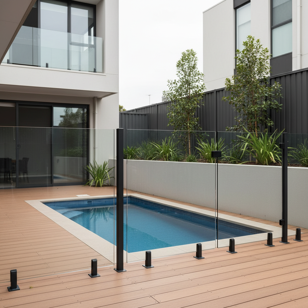 An elevated view of a modern Melbourne townhouse courtyard showcasing a semi-frameless glass pool fence with slim, powder-coated charcoal posts and immaculate clear glass panels bordering a rectangular plunge pool. The fence aligns with a composite timber deck and light render retaining wall, with low-maintenance native plants in raised garden beds. Soft, diffused overcast lighting reduces harsh reflections, revealing the flawless glass edges and precise post spacing. Photographic realism with a slightly elevated angle and balanced composition emphasizes the fence as a central feature. The atmosphere is contemporary, private, and safe, illustrating how professional pool fencing enhances compact urban outdoor spaces while meeting safety compliance.