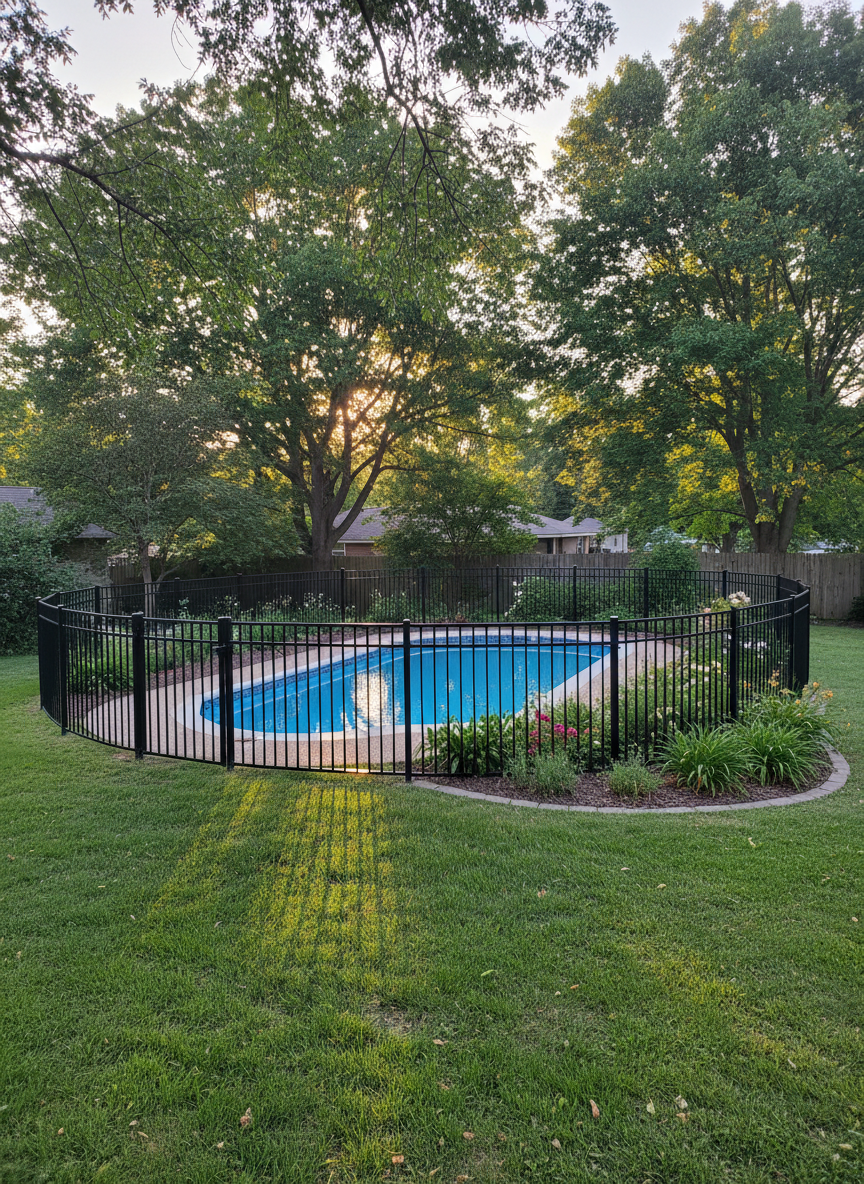 A wide, panoramic photographic realism image of a family-sized suburban backyard featuring a curved, black powder-coated aluminium tubular pool fence encircling a bright blue in-ground pool. The fence lines follow the organic shape of the surrounding lush green lawn and established trees, with a compliant self-closing gate and clearly visible latch mechanism. Late afternoon soft sunlight filters through the foliage, casting dappled shadows on the fence and grass, subtly highlighting the vertical bars and smooth, durable finish. Shot from a slightly elevated, rule-of-thirds composition to showcase the entire fenced area and surrounding garden beds. The mood is practical, secure, and welcoming, demonstrating an affordable, compliant pool safety solution that integrates with traditional landscaping.