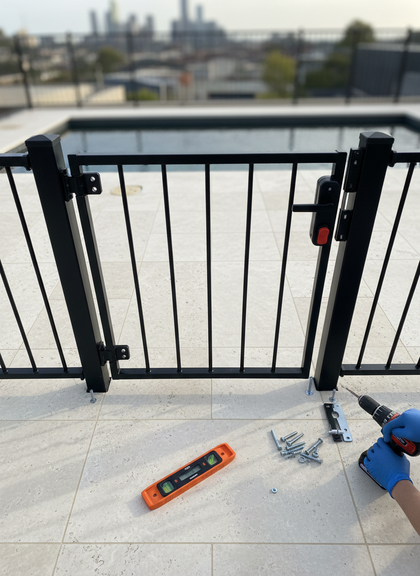 A detailed overhead photographic realism shot of a pool fence gate installation in progress on a light travertine-tiled pool surround. The focus is on a precisely aligned black powder-coated aluminium gate frame, self-closing hinges, and a child-safe magnetic latch, with neatly arranged stainless steel fasteners and a digital level resting nearby. Soft, indirect afternoon daylight ensures every component is clearly visible without harsh glare from the tiles. The composition uses a top-down, almost technical perspective with sharp focus across the frame, creating a clean, professional, behind-the-scenes feel. The mood is methodical and trustworthy, highlighting quality hardware, attention to detail, and compliant gate setup as part of professional pool fencing services in Melbourne.