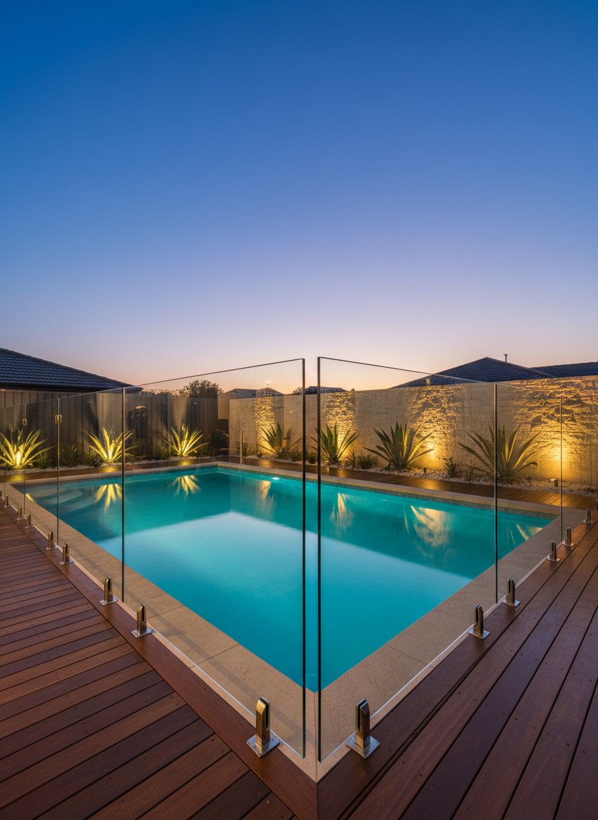 A twilight photographic realism scene of a luxury backyard pool area enclosed by a frameless glass pool fence with discreet in-ground stainless steel channels, creating an uninterrupted visual barrier around the illuminated pool. Subtle LED strip lighting along the surrounding decking casts a warm glow that reflects in the glass, while low garden uplights highlight architectural plants and textured boundary walls. The sky holds a soft blue hour gradient, providing gentle ambient light that enhances the clarity of the glass panels without strong reflections. Shot from a low, wide-angle perspective to emphasize openness and depth, the composition feels calm, refined, and secure, showcasing how premium pool fencing can complement sophisticated outdoor lighting and evening entertaining spaces.